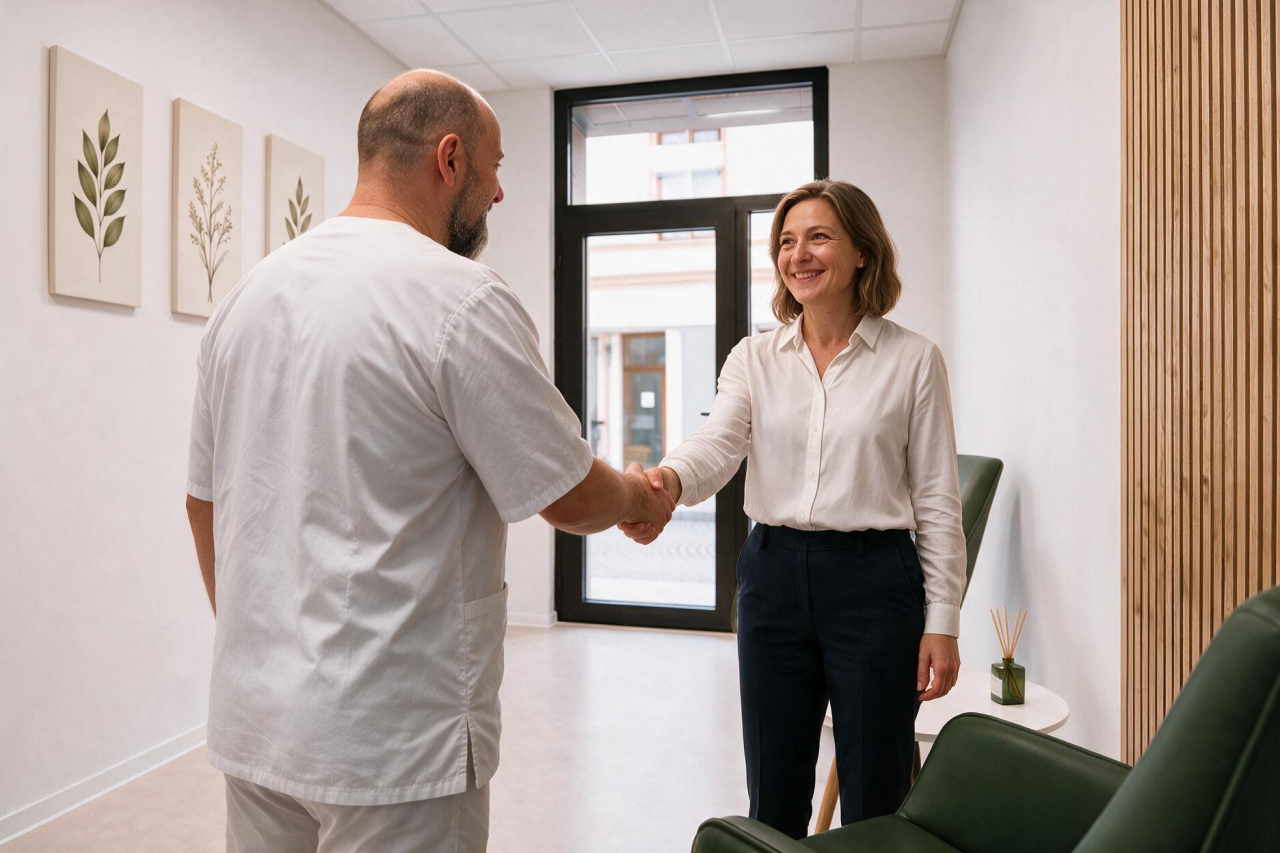 L&eacute;kař si potř&aacute;s&aacute; rukou s pacientkou v interi&eacute;ru Clinica Vitae